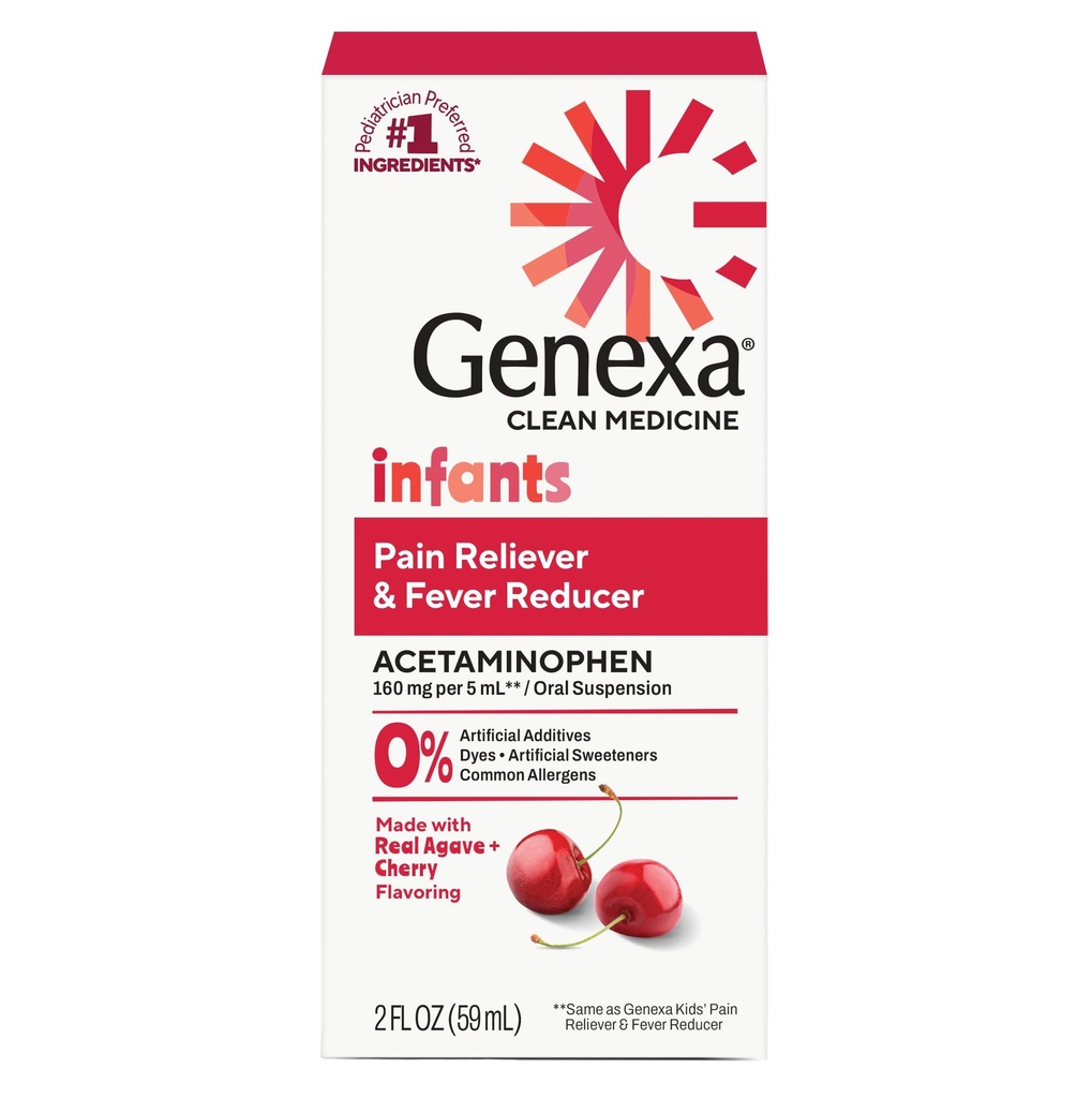 Genexa Infanters ren acetaminophen | Pediatrician Foretrukne ingredienser | Smerte Reliever & Feber Reduser for Babies® Dye Gratis, 0% Kunstige Additiver | Delicious Organic Cherry Flavor, 2 fl oz