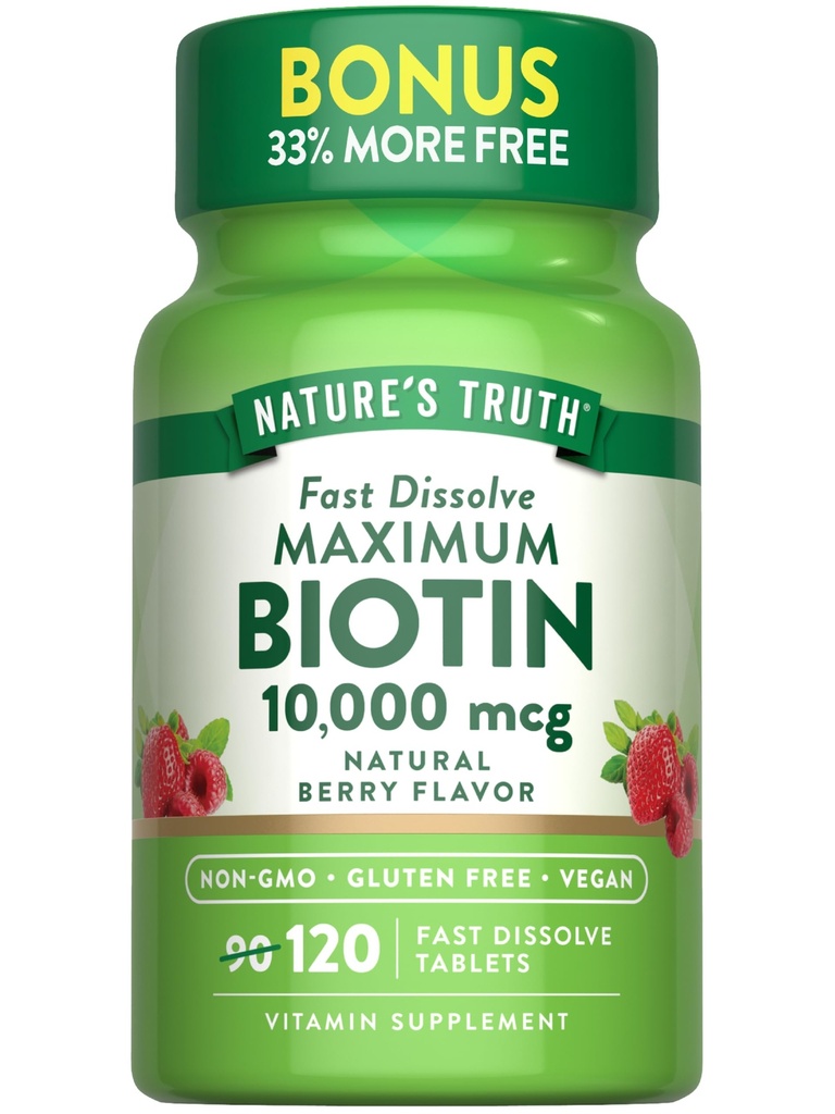 Naturens sannhet Biotin 10000mcg | 120 raske oppløsning tabletter | Maksimal styrke | Naturlig Berry Flavor | Vegan, ikke-GMO & Glutenfri supplement
