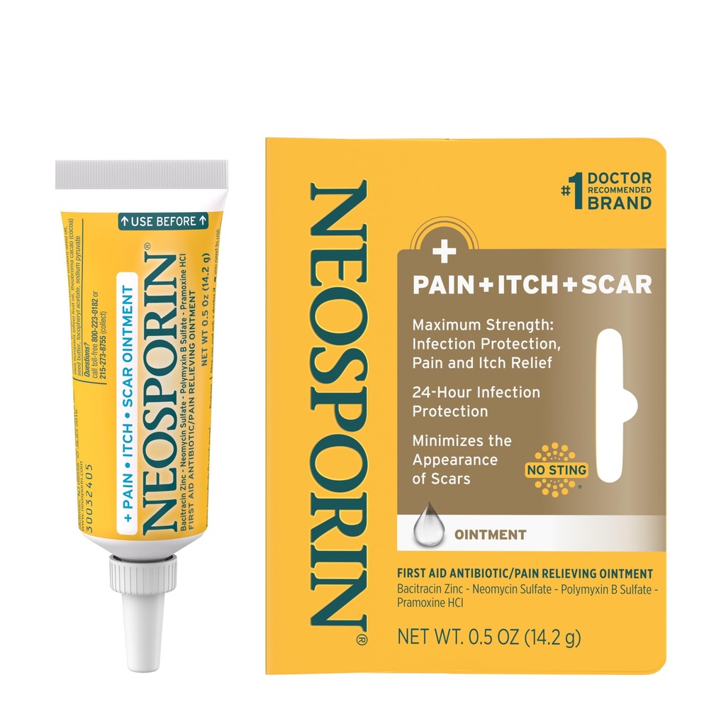 Neosporin Antibiotiske Smertereduserende, Anti-Itch, & Scar utseende Minimizer Ointment med Neomycin & Bacitracin sink, 24 timers infeksjonsbeskyttelse for mindre kutt, Scrapes & Burns,.5 oz