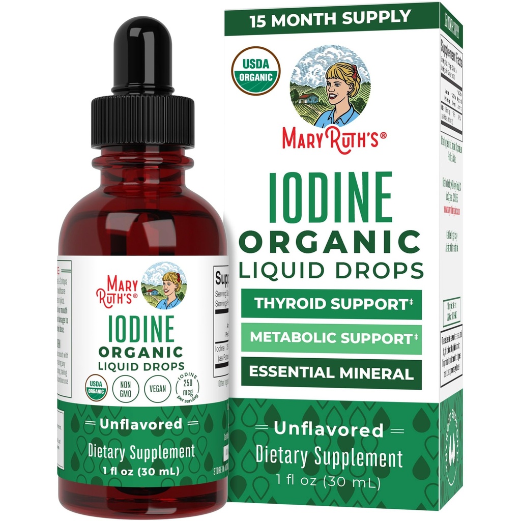 MaryRuth Organics Iodine flytende dråper | Kalium jodid | 1 år  Supply 1 år  Supply Serverer | Thyroid helse | USDA Økologisk | Vegansk | Ikke-GMO | Glutenfri | 1 fl Oz