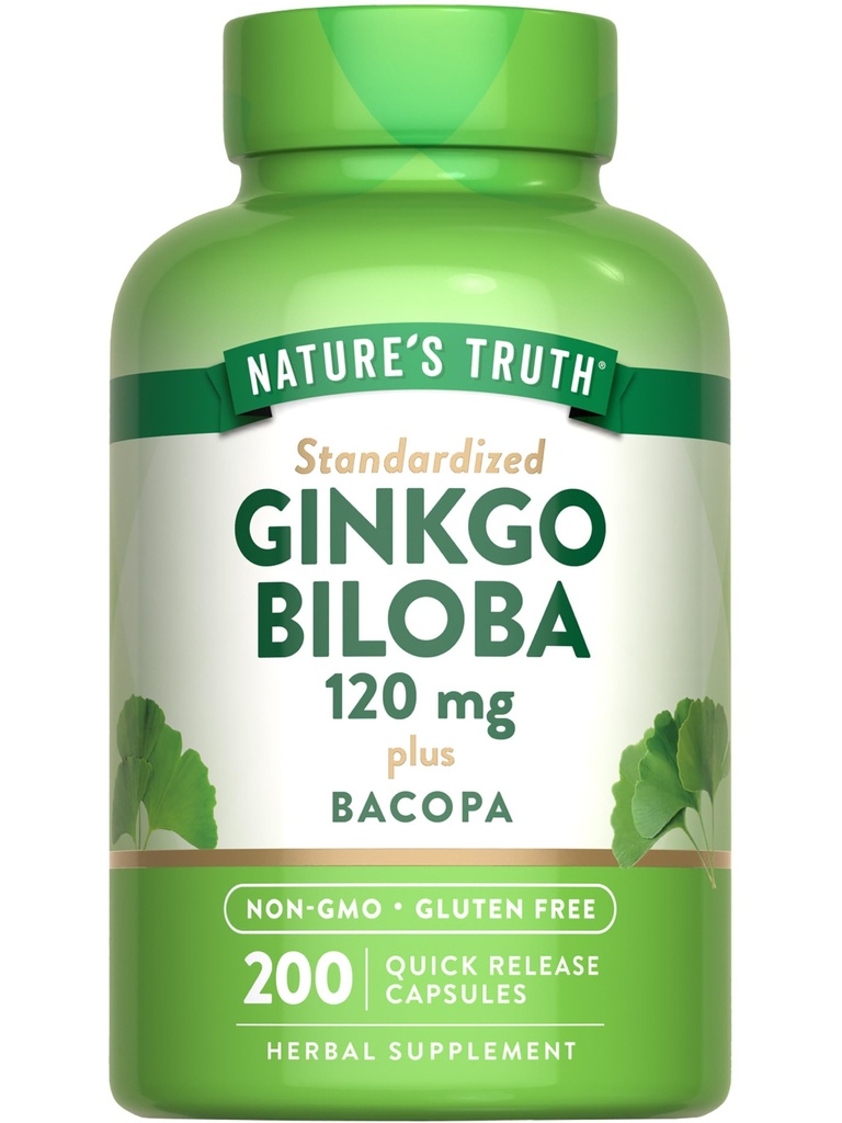 Naturens Sannhet Ginkgo Biloba 120 mg | Plus Bacopa | 200 Hurtigutgivelse Kapsler | Standardisert Ekstrakt | Ikke-GMO og Glutenfri Supplement