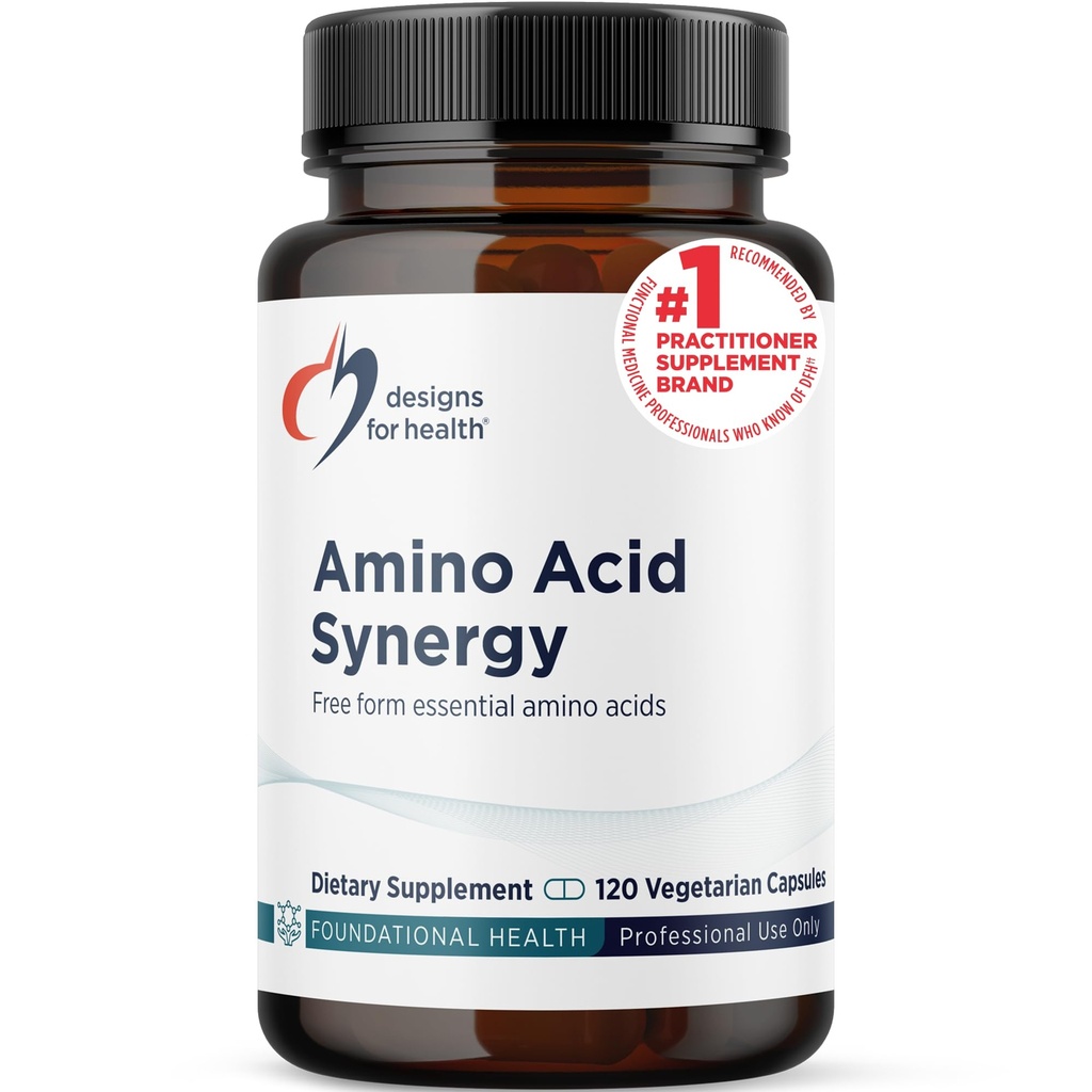 Designs for helse Aminosyre Synergi - vegetarisk essensielle aminosyrer Supplement med BCAA, Alpha-Ketoglutarate, Metionin + B6 (P-5-P) - Støtte for atleter + muskler (120 kapsler)