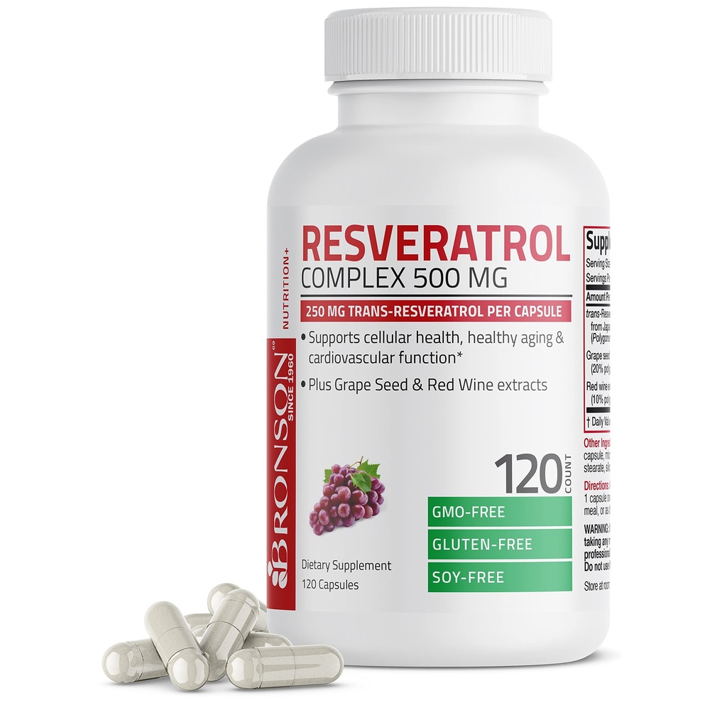 Bronson Resveratrol 500 Complex Standardisert Trans-Resveratrol + Grapefrø og rødvin ekstrakt, 120 kapsler