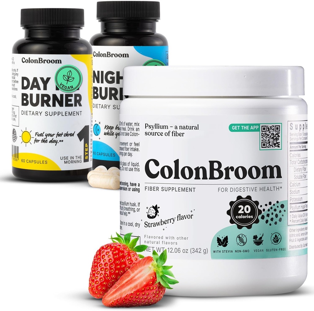 ColonBroom Psyllium Husk pulver, Colon Broom Colon Cleanser Fiber Supplement for blooting Relief & Gut helse + dag & natt brenner kosttilskudd, vektkontroll piller (60 serveringer), 3 elementer