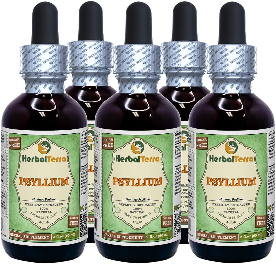 Psyllium (Plantago Ovata) Glyceritt, organisk tørket Husk alkoholfri flytende ekstrakt (merkenavn: HerbalTerra, stolt laget i USA) 5x2 fl.oz (5x60 ml)