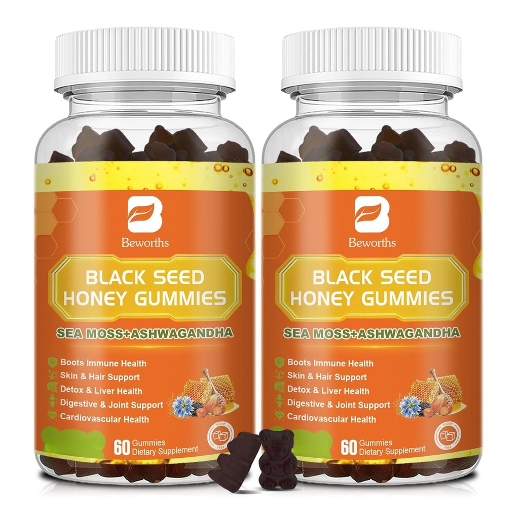 (2 pakke) Svart Seed Oil Sea Moss Gummies med Ashwagandha, Burdock Root, Linden Honning, Elderberry, Turmeric, vitamin C, D3 & Zink - støtter immunitet, Joints, Digestion, Hår og hud, Vegan Gummies 120