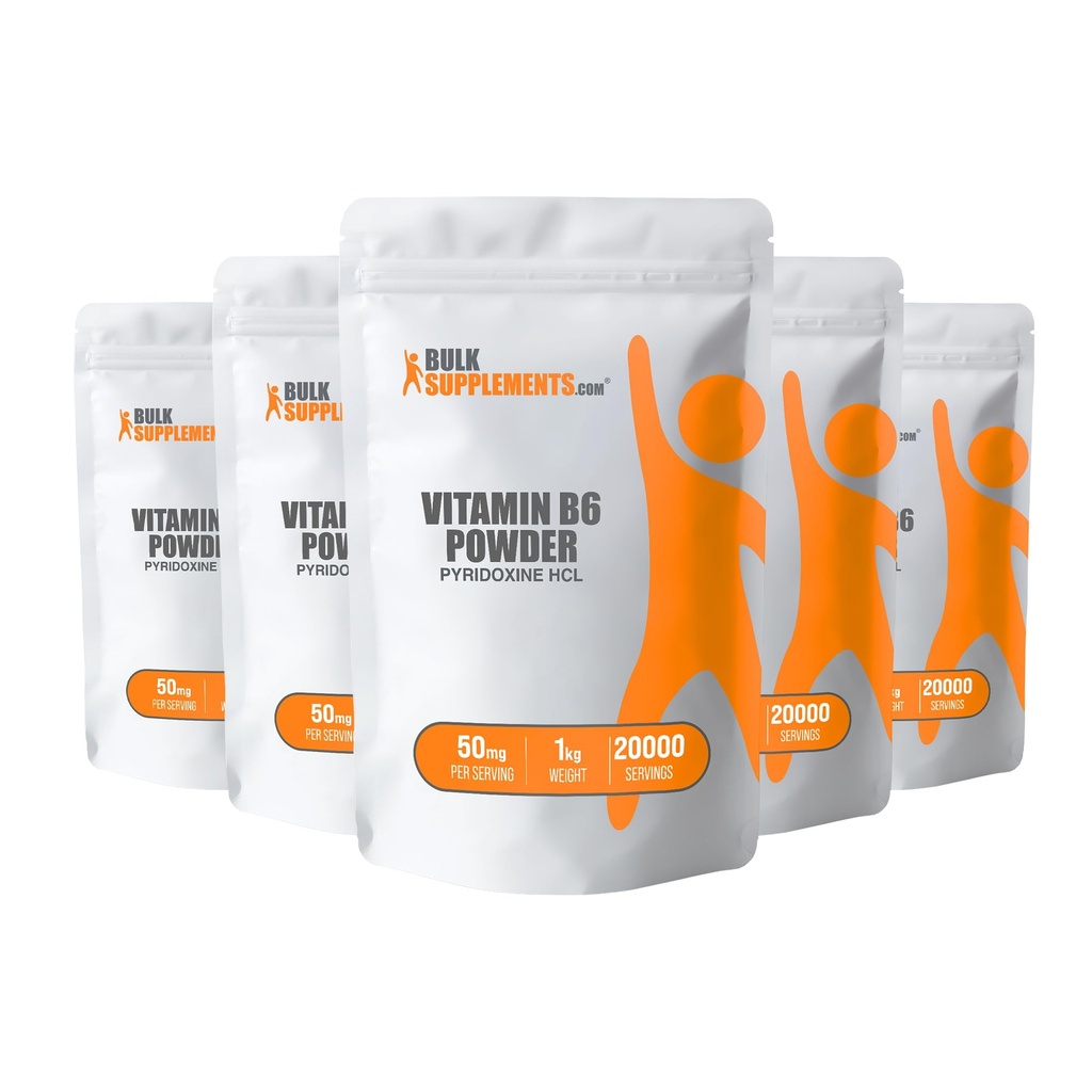 BulkSupplements.com Pyridoxin HCl pulver - vitamin B6 Supplement, vitamin B6 50mg - for immunologisk støtte, Glutenfri, 50 mg Pyridoxin B6 per servering, 5kg (11 lbs) (pakke av 5)