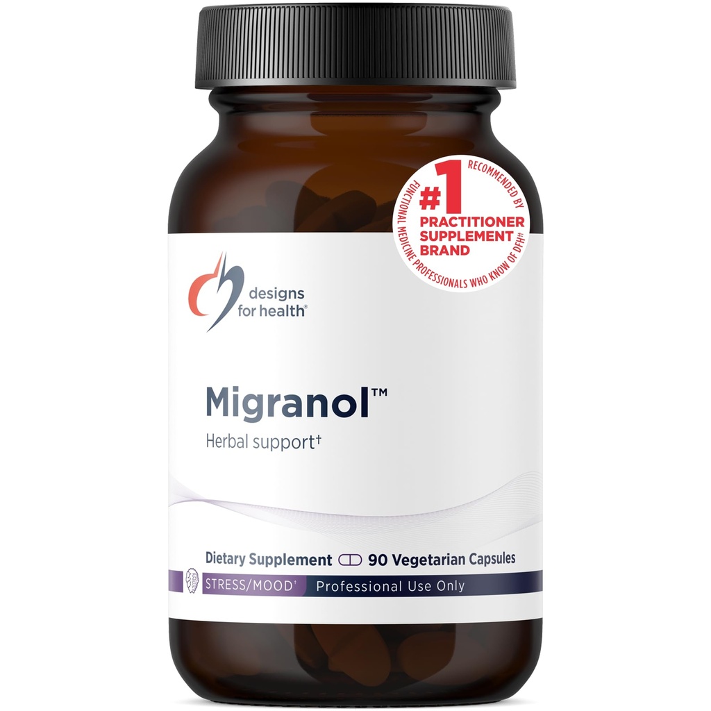 Designs for helse Migranol - Feberfew Supplement med magnesiummalat, Curcumin (Turmeric) Ekstrakt, Rosemary + B2 Riboflavin - Ikke-GMO + Glutenfri (90 kapsler)