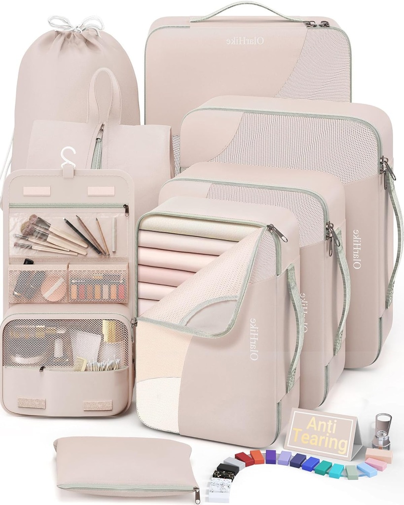 10 sett / 8 sett pakke kuber for reise, gaver til kvinner mamma, Anti-Tearing Suitcase Organizer for Bagasje med sko og hengende toalettveske, OlarHike ferie essensielle og tilbehør til Cruise Ship,Cream