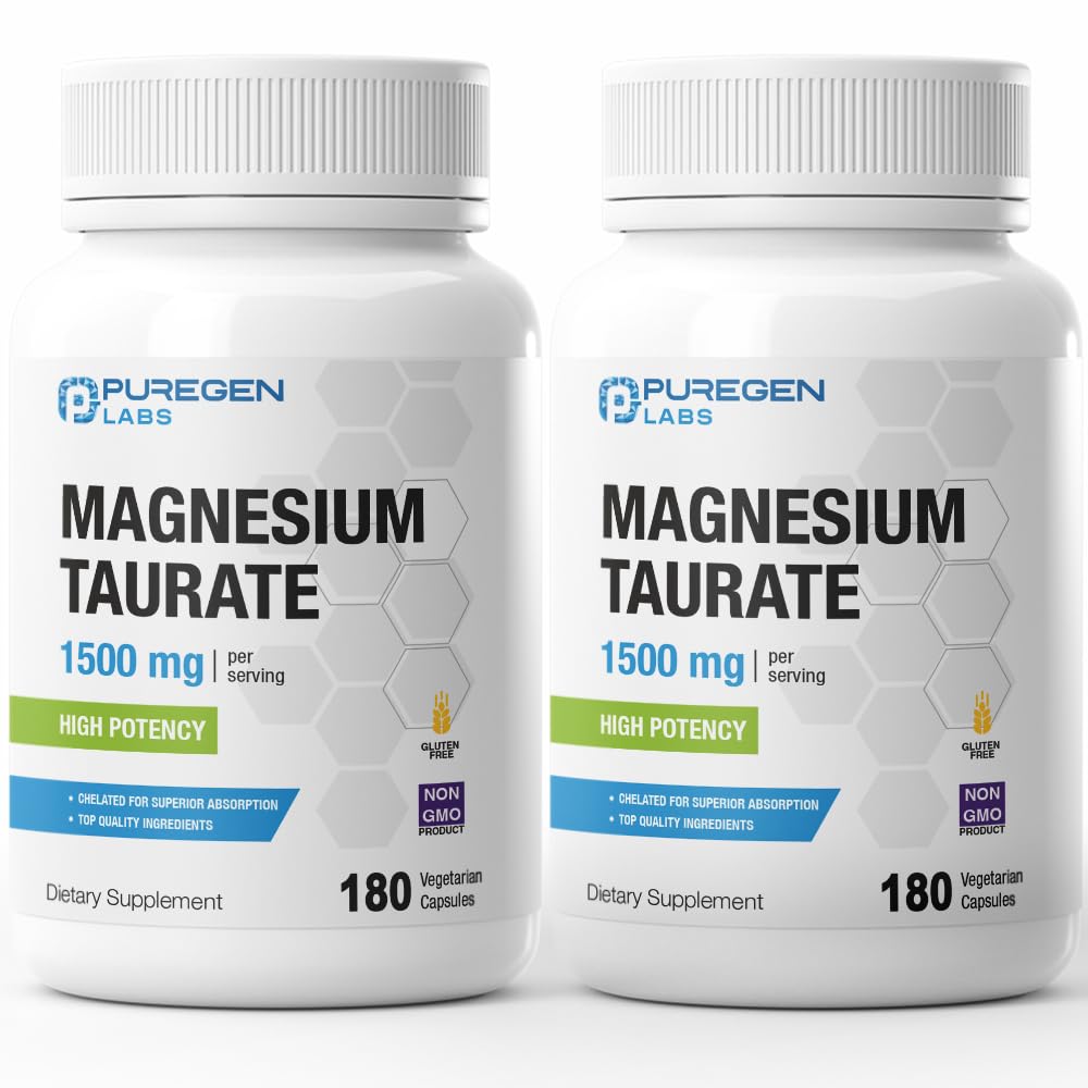 Puregen Labs Magnesium Taurate 1500 mg per servering [høy potens] Totalt 360 Veggie Caps, Chelated for superior Absorpsjon, ikke-GMO, NO Gluten og Dairy | laget i USA