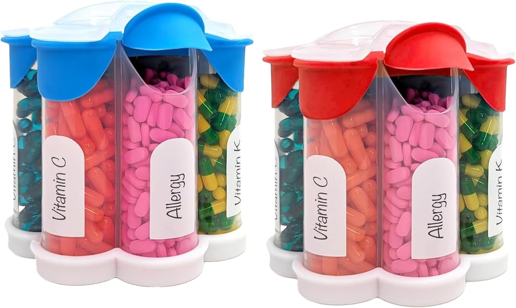 Ekstra stor pilleorganisator daglig, ukentlig, månedlig tilleggsflaske, søt Blossom Pill Dispenser med 7 XL-sammenlikninger (2 Pack Combo) (lysblå og rød)