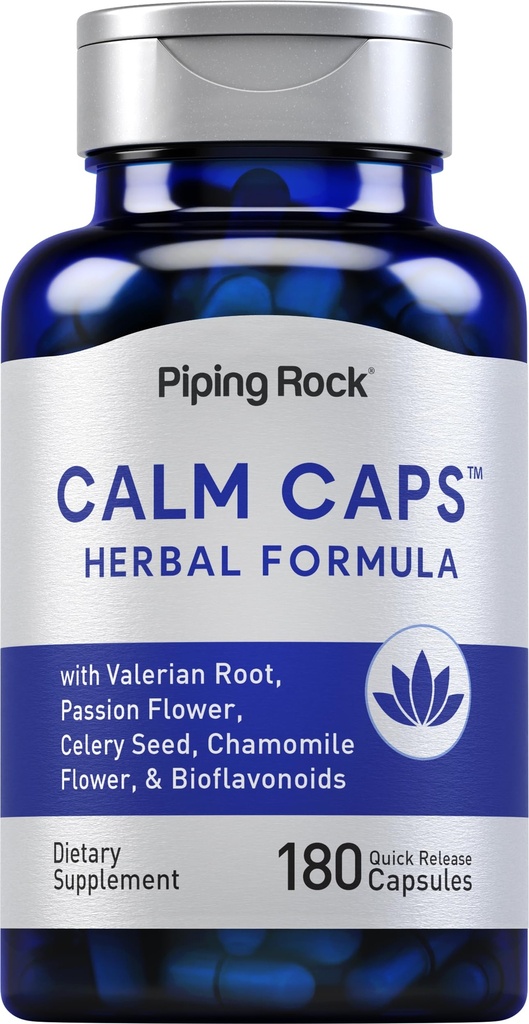 Piping Rock Calm Kapsler | 180 piller | Herbal Ekstrakt Blande | med kamille, Valerian, og Passion Blomster | Ikke-GMO, Glutenfri Supplement