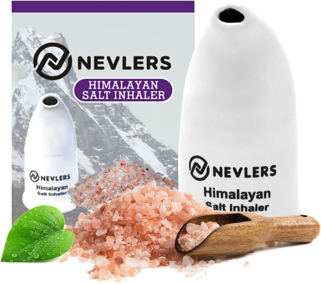 Nevlers Hvit Himalayan Salt Inhaler for Lungs & Nese med 6 Oz Coarse Pink Himalayan Sea Salt | Bærbar keramisk Himalayan Pink Salt Inhaler | Naturlig Homeopatisk Relief