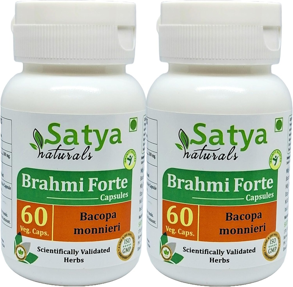 Brahmi Forte Kapsler 500 mg. 60 Veg. Kapsel | Brahmi (Bacopa Monnieri) ekstrakt Kapsler for menn og kvinner | Ayurvedic Herbal Supplement/Remedier | 10:1 Forte (2 flasker med 60 Kapsler)
