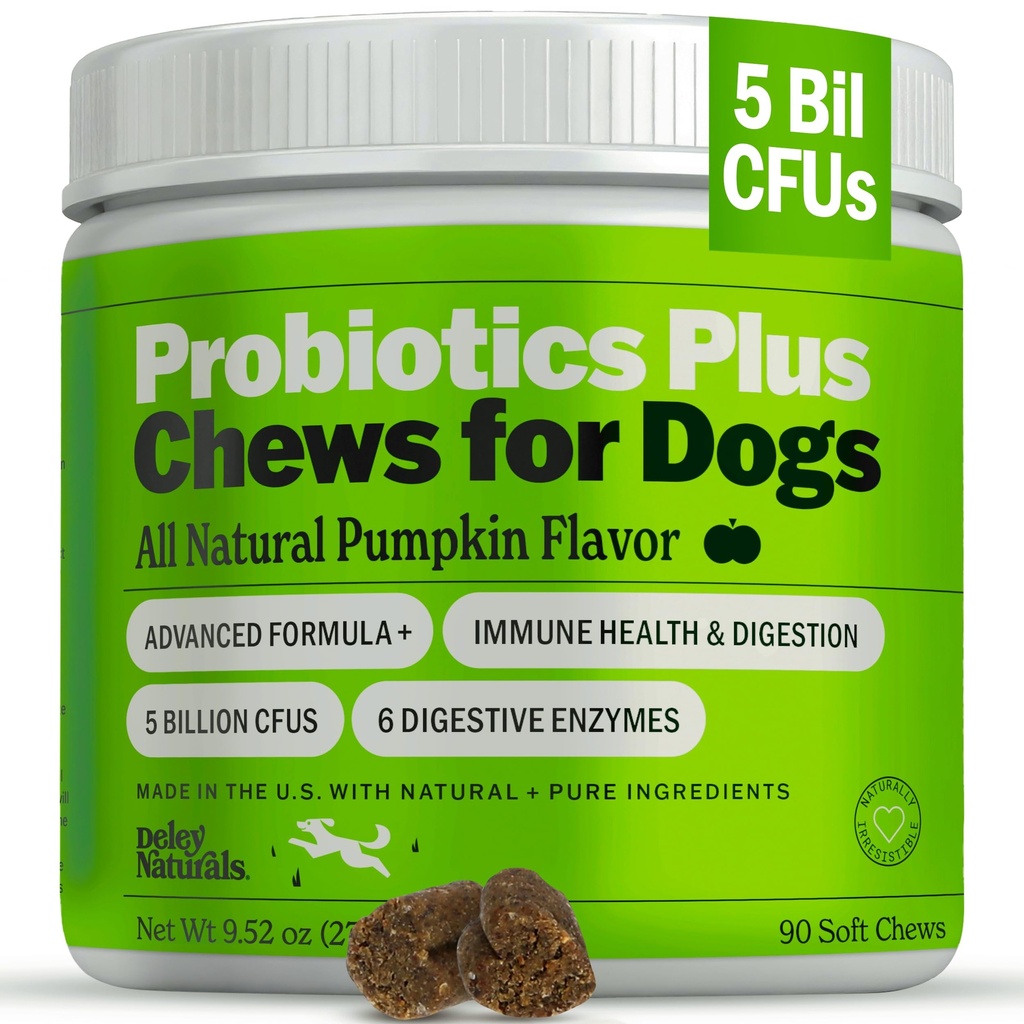 Deley Naturals Probiotics Plus Chews for hunder, Gut Helse Supplement, 5 milliarder CFUs, Digestive Enzymes, Prebiotika, Hundeallergier, Diarrea, Yeast, Pumpkin Flavor, 90 greve - laget i USA