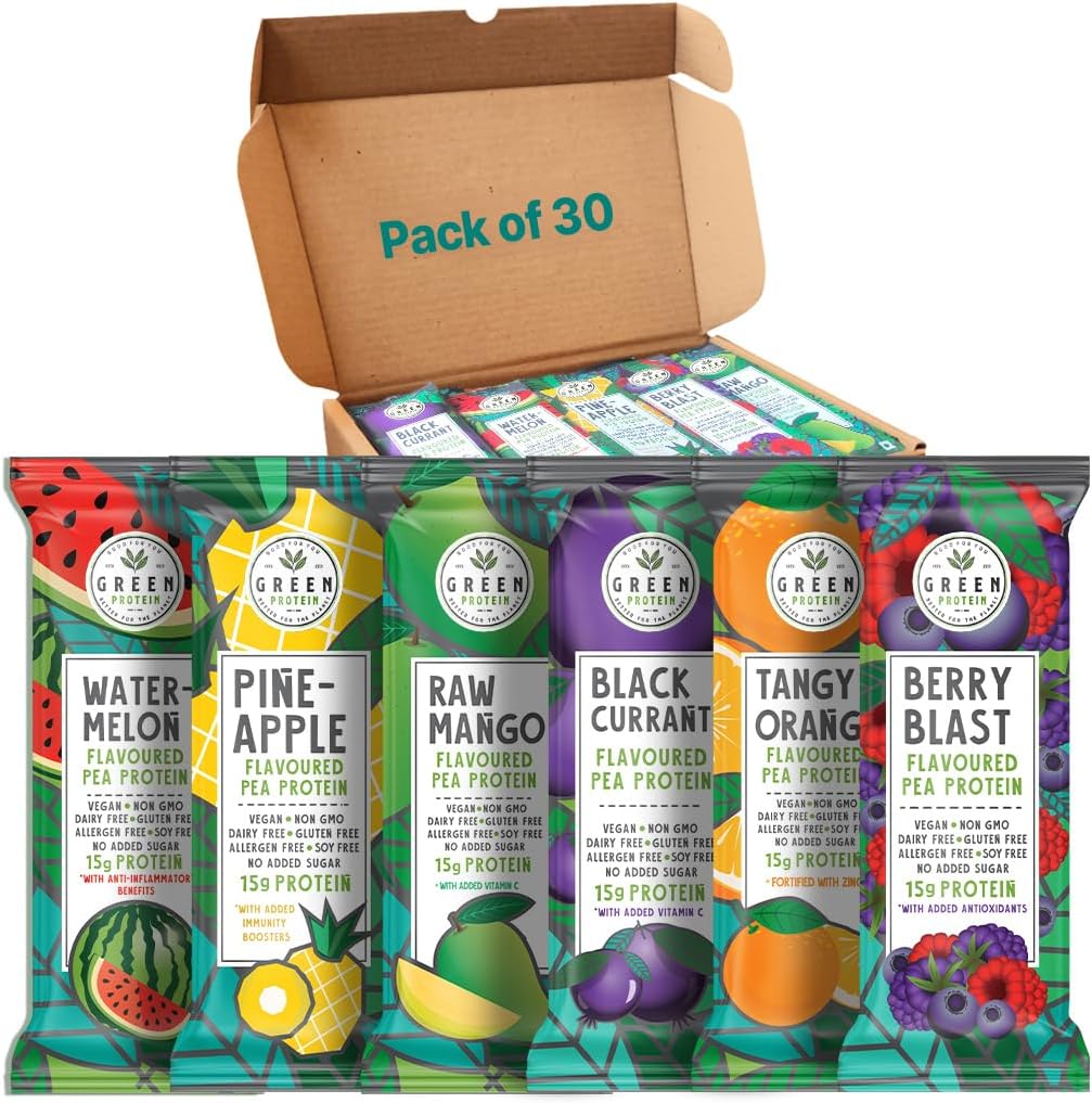 GrønnProtein | Vegan Plante Pea Protein Isolate pulver | Dairy, Gluten Allergen & Soya Gratis, Ingen lagt sukker | Pineapple, Black Currant, Berry Blast, Vannmelon, Rå Mango & Oransje | Pakke med 30