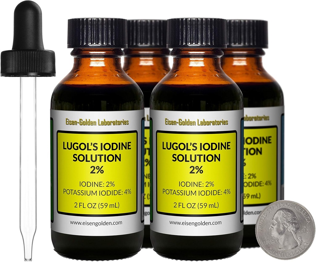 Lugols jodin / 2% løsning / 8 Oz i fire Amber Glassflasker / gratis droppers / USA
