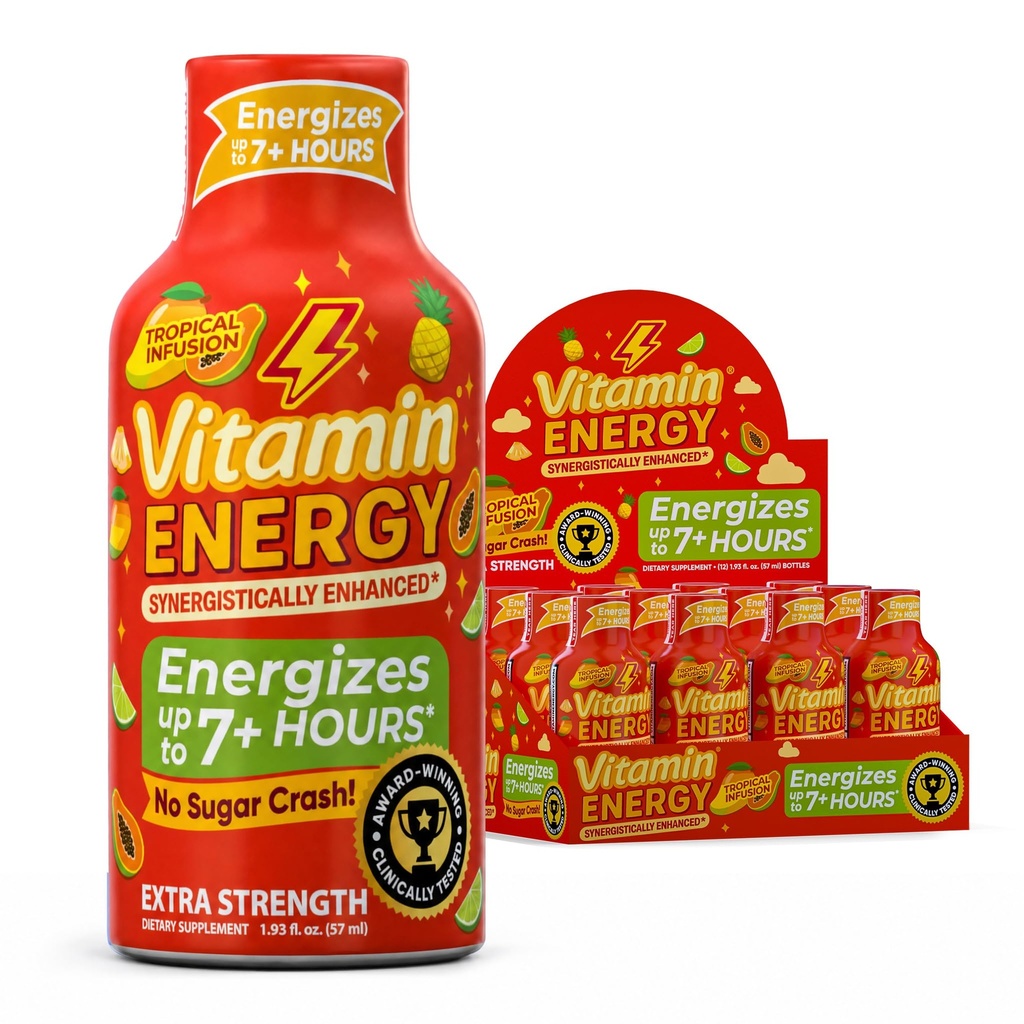 Vitamin energi immun + ekstra styrke energi Shot Mango 12 Pack, 260mg naturlig koffein, B-vitaminer, Citicolin, grønn te, immunitet og fokus støtte, null sukker, glutenfri 1,93 fl oz