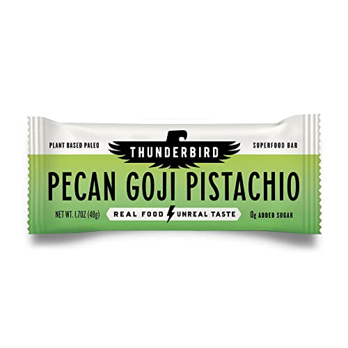 Thunderbird Bars Energi Snack, Glutenfri med Protein, Sunn Real Food, Vegansk Paleo Ikke-GMO, Ingen tilsatt sukker, Pecan Goji Pistachio Flavor (12 greve, 1.7 oz. Barer)