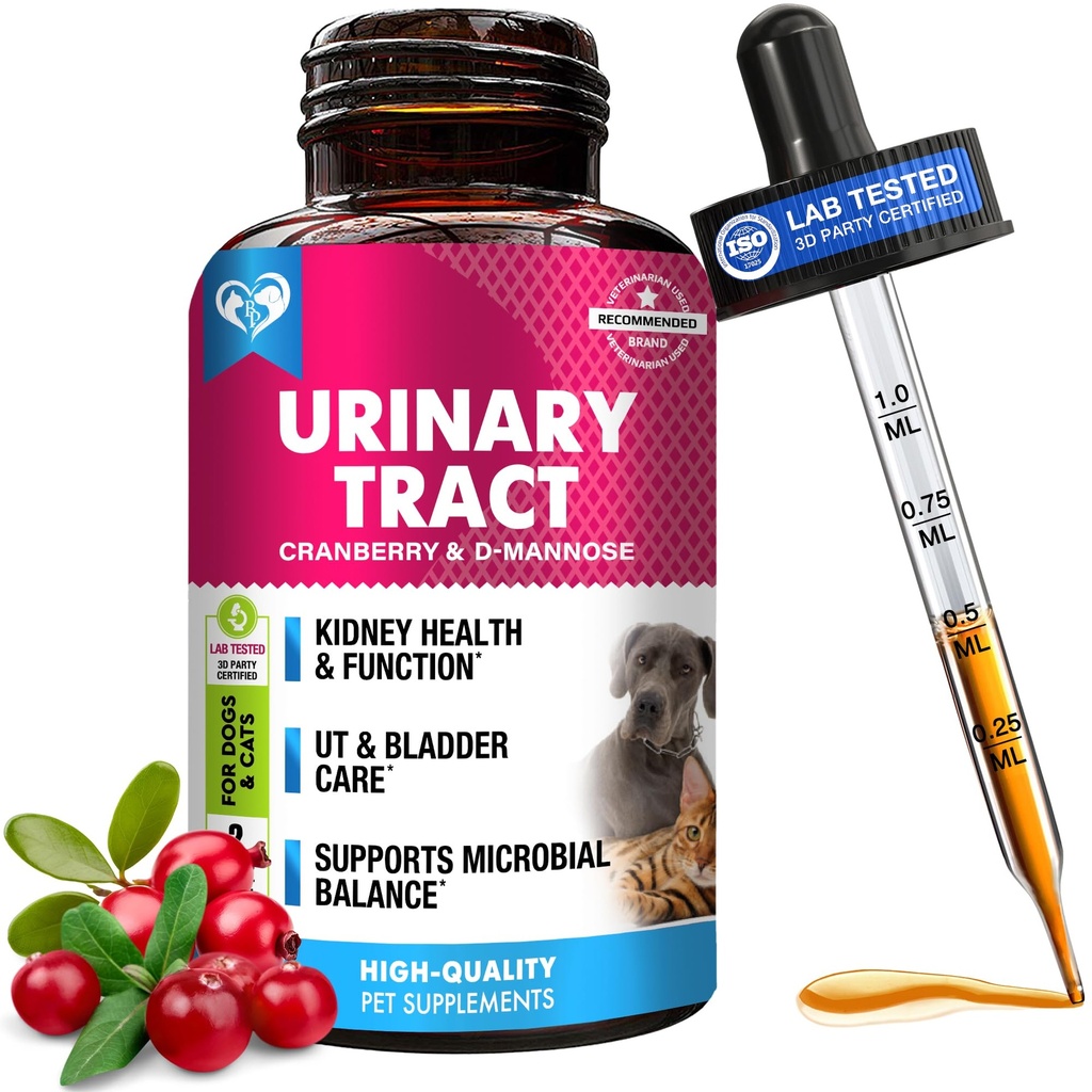 Cat & Hund urinveis infeksjonsbehandling og naturlig UTI medisin Cranberry & D-Mannose - Kidney+Bladder støtte - beste inkontinens, Bladder steiner - Kjæledyr nyrehelse og omsorgsdråper