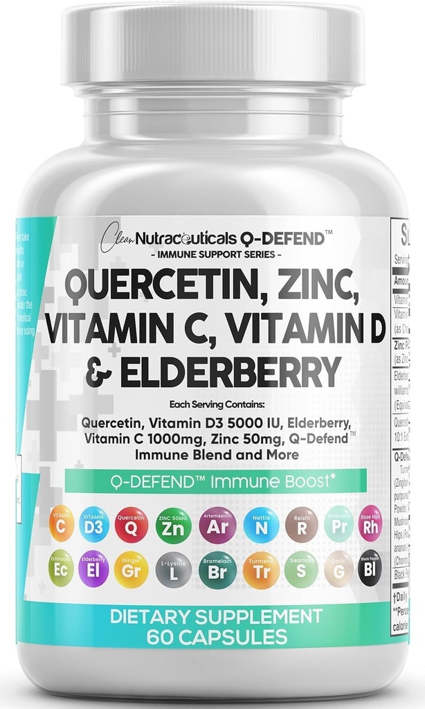 Q Forsvare Quercetin Supplement med Zinc Vitamin C Vitamin D Elderberry Turmeric Black Pepper hvitløk Ginger Sea Moss Lysine Stinging Nettle Reishi Mushroom Immunstøtte 60 kapsler ved ren Nutra