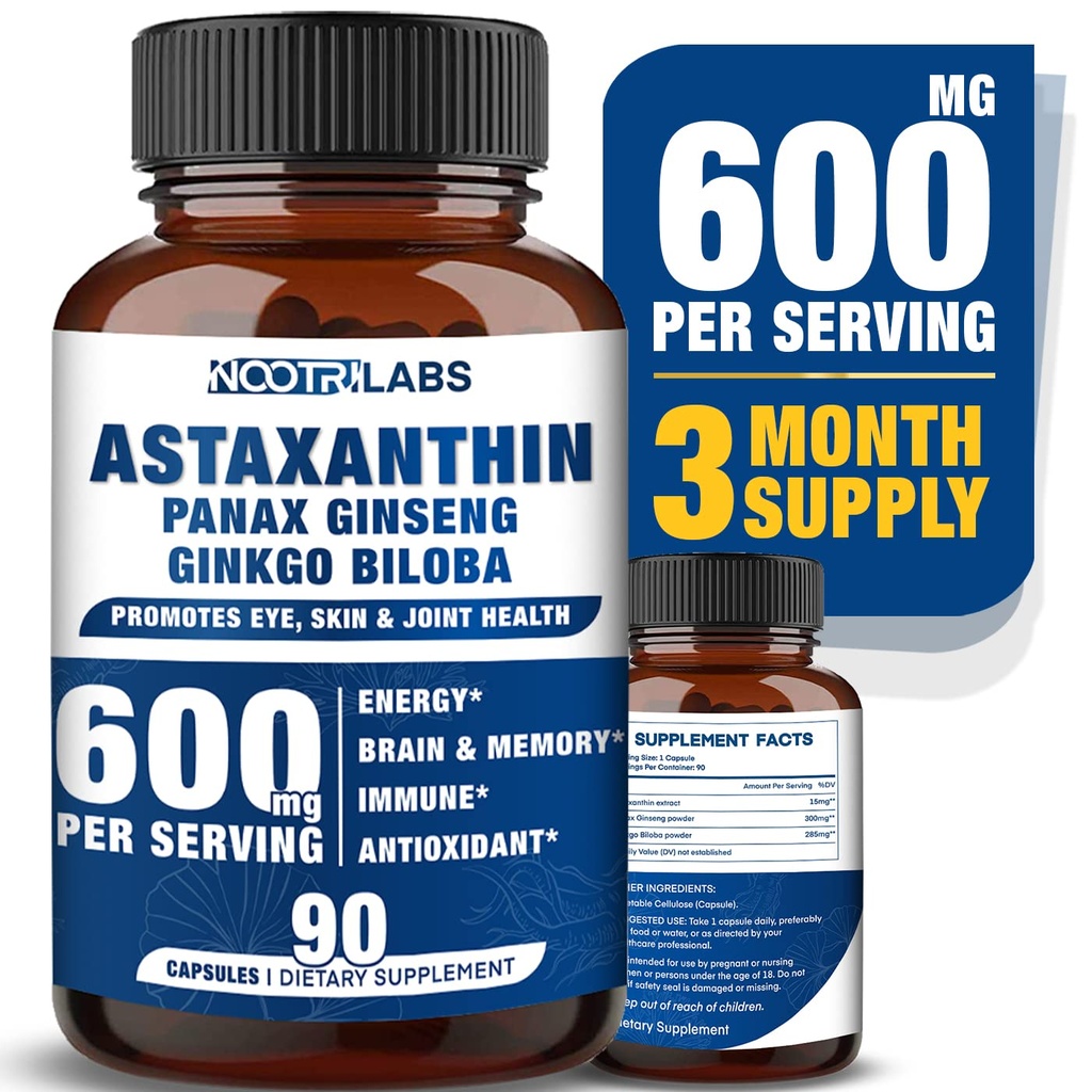 Astaxanthin 15mg + Panax Ginseng, Ginkgo Biloba Kosttilskudd, 90 Vegan Capsules, fremmer øyehelse energi, kardiovaskulær støtte + immunforsvar og fokus