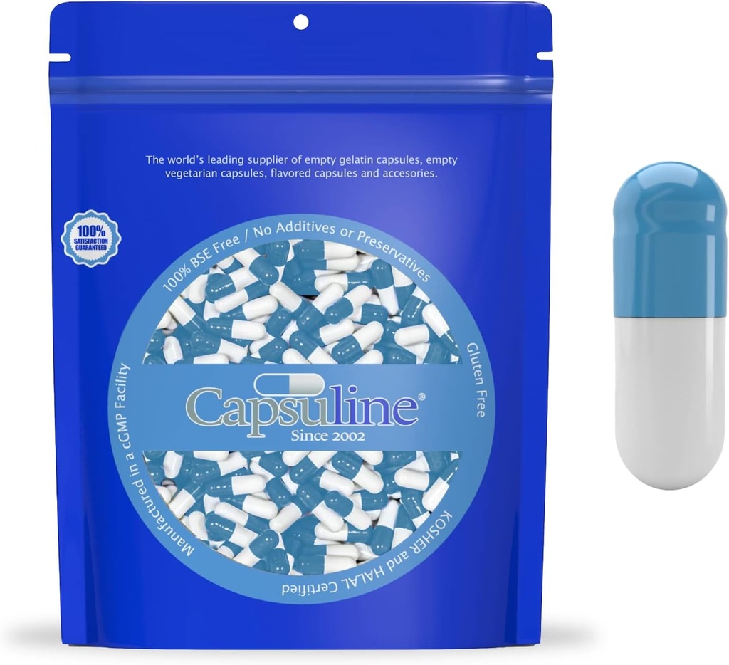 Capsuline Farget Størrelse 0 Tomme Gelatin Kapsler Blå / Hvit 10000 greve |Kosher & Halal sertifisert |Gluten Gratis