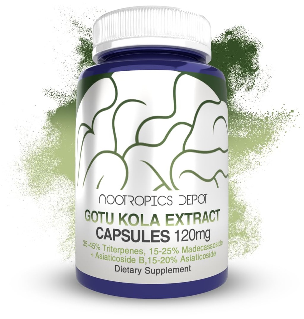 Nootropics Depot Gotu Kola Extract Capsules | 120 mg | 90 greve  Acid Acid Resistant | Centella asiatica | 35-45% Triterpenes | Støtter Sunn stress nivåer | fremmer hukommelsesforbedring