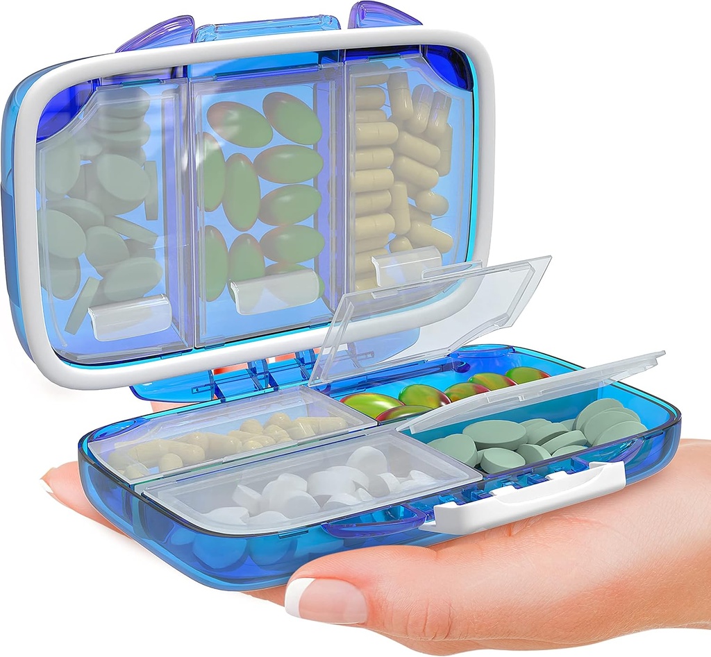 Reise piller Organizer - Moisture bevis bærbar vitaminholder med 7 sammenligninger, Kompakt kosttilskudd tilfelle for rengjøring essensiell medisin Kit fot reise Pocket Pharmacy med etiketter, blå
