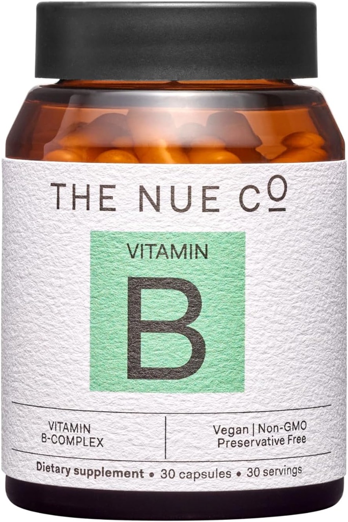 Nue Co. vitamin B Supplement, støtter energi, fremmer sunn hud og hår, vegansk, glutenfri, 30 kapsler