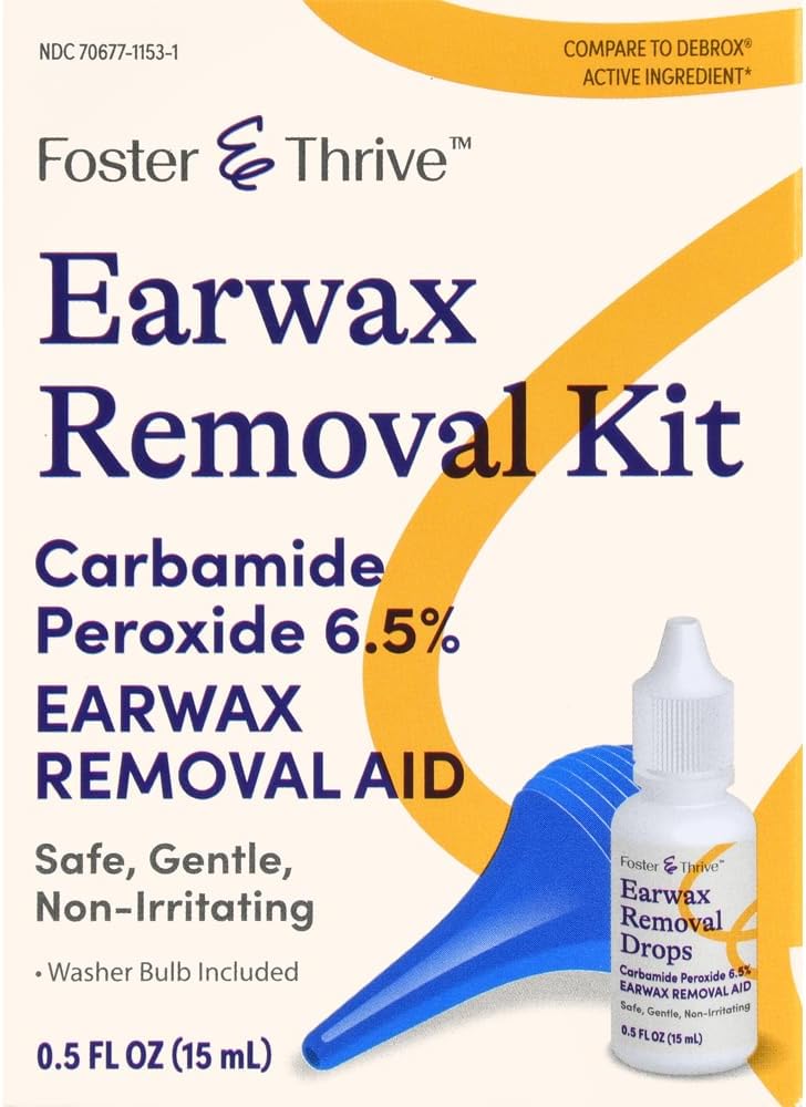 Foster & Thrive Earwax fjerning Kit, Softens & Loosens Overflod Earwax, Safe, Gentle og Ikke-Irriterende, Carbamid Peroksyd 6,5%, Inkluderer drops og øresiringe bulb, 0,5 Oz