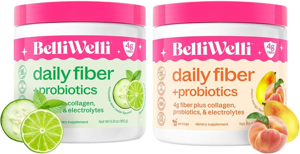Daily Fiber Supplement Bundle med kollagen, probiotika, elektrolyter og Hydration Support - Cucumber Lime Mint & Peach Mango Flavors - fremmer digestiv, hud helse, Gut Balance - 32 serveringer