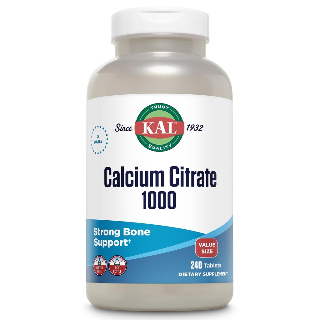 KAL Kalsium Citrat 1000mg, Kalsiumtilskudd for kvinner og menn, bein helse, tenner, nerve, muskulær og kardiovaskulær system støtte, glutenfri og lab verifisert, 80 serveringer, 240 tabletter
