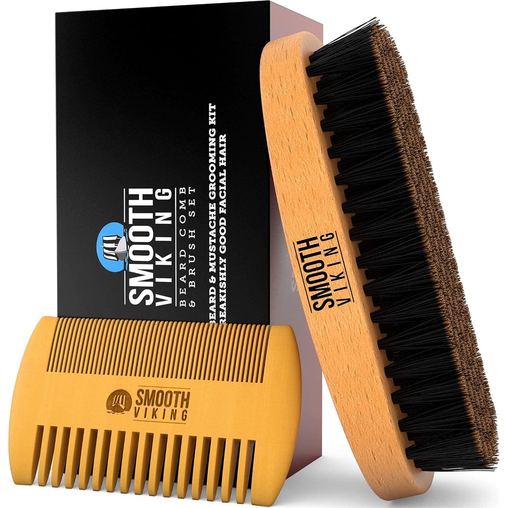 Skjeggbørste og Comb - Naturlig Boar Bristle Skjeggbørste & Beard Comb for menn - Ansikts Hårpleie Gavesett for menn - Mustache Styling, Grooming & Shaping Verktøy