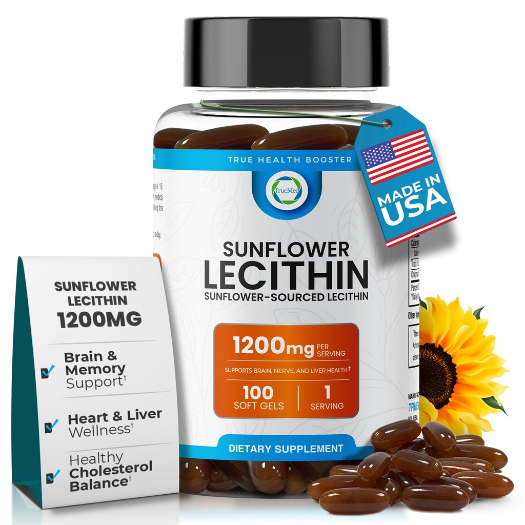 Solflower Lecithin 1200 MG 100 Softgels, 100-dagers forsyning garantert ren, ikke-GMO, soya-fri, støtter hjernen, hjerte, nerve, lever helse, kognitiv funksjon, sunn kolesterol, høy absorpsjon formel