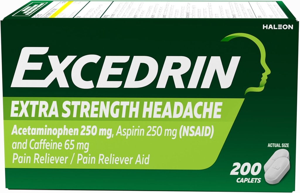 Excedrin ekstra styrke smertelindring kapell for hodepine relief, Acetaminophen 250 mg, Aspirin 250 mg, koffein 65 mg, smertefriere, 200 greve