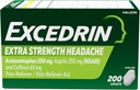 Excedrin ekstra styrke smertelindring kapell for hodepine relief, Acetaminophen 250 mg, Aspirin 250 mg, koffein 65 mg, smertefriere, 200 greve
