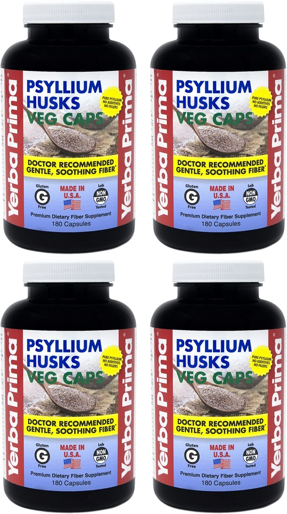 Yerba Prima Psyllium Huss Veg Caps - 180 greve (pakke med 4) - Vegansk, ikke-GMO, Glutenfri, Colon Cleanser, daglig fiber Supplement for Gut helse og regelmessighet