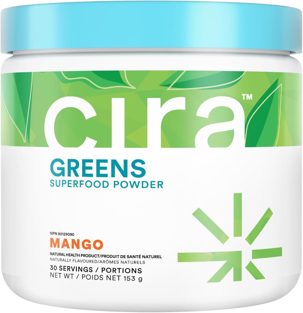 Cira Daily Greens - naturlig søtet, organisk spirulina Superfood pulver med premium, antioksidant-Rich ingredienser for oppblåsing, dialyse, & energi - Mango, 30 Serveringer