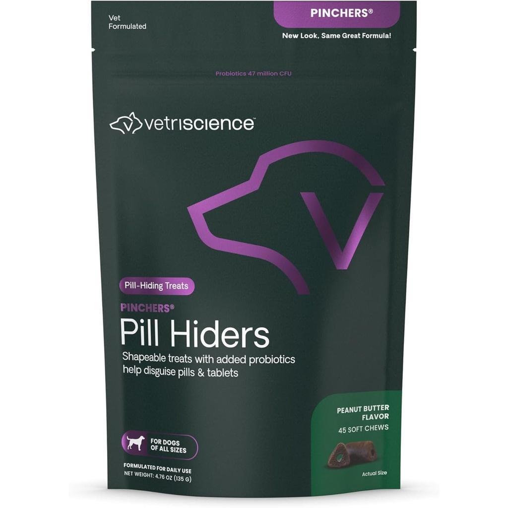 VETRISCIENCE Pinchers Pill Hiders Chews, non-Greasy Pill Wrap med probiotika til hunder, Disguise små piller, kapsler og tabletter, myk og Chewy, Gut og immunsupport, Peanut Smør, 45 greve