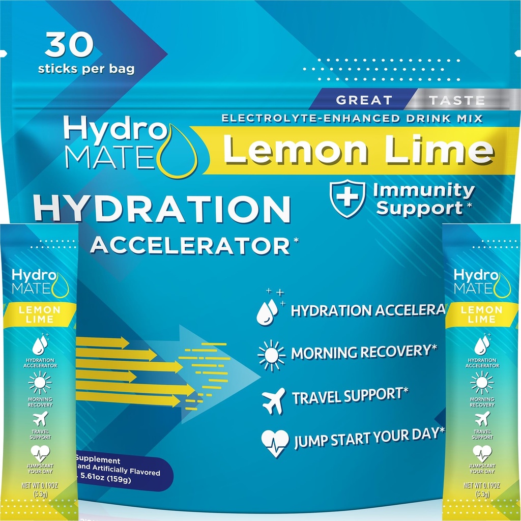 HydroMATE Electrolyte pulver sitron Lime Hydration Packets Lavt sukker 30 teller
