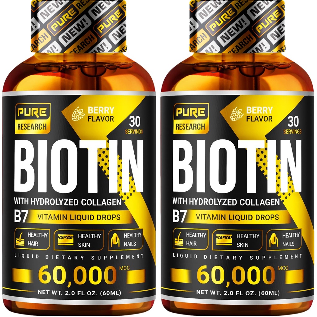 PURE RESEARCH Biotin & kollagen 60.000mcg hårvekst flytende dråper, støtte: sterke negler, glødende hud, sunn hårvekst, mer absorpsjon enn kapsler og piller (4Fl Oz)