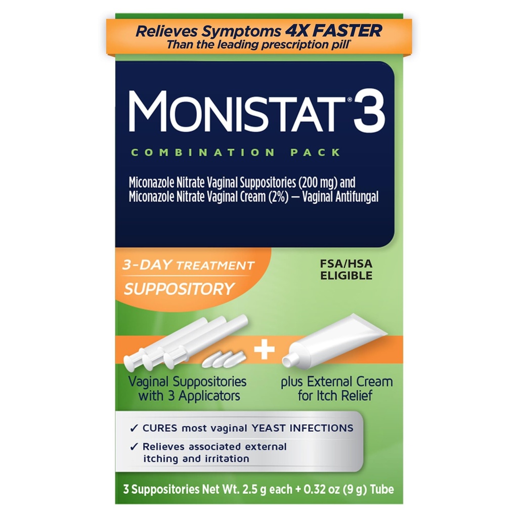 Monistat 3-dagers infeksjonsbehandling for kvinner, 3 Miconazole Vaginal Suppositories og ekstern kløe Relief Cream (9g Tube) Combo Pack