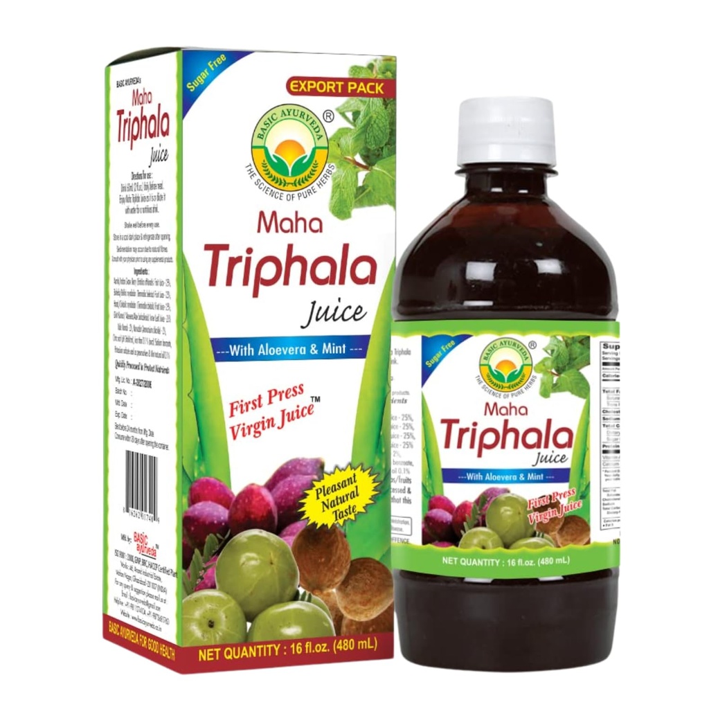 Basic Ayurveda Maha Triphala Juice | 16.23 Fl Oz (480ml) | Aloe Vera & Mint Herbal Blend | Natural Source of Vitamin C | Supports Digestion & Gut Health | No Added Sugar | Gluten Free & Vegan