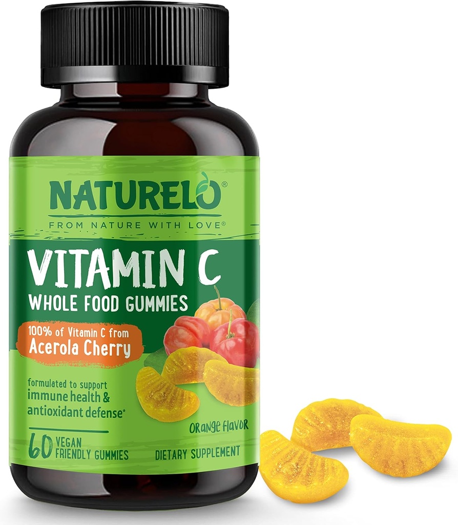 NATURELO Hele maten vitamin C Gummies, vitamin C fra Acerola Cherry, plantebasert kosttilskudd, 60 Vegan-vennlige gummies