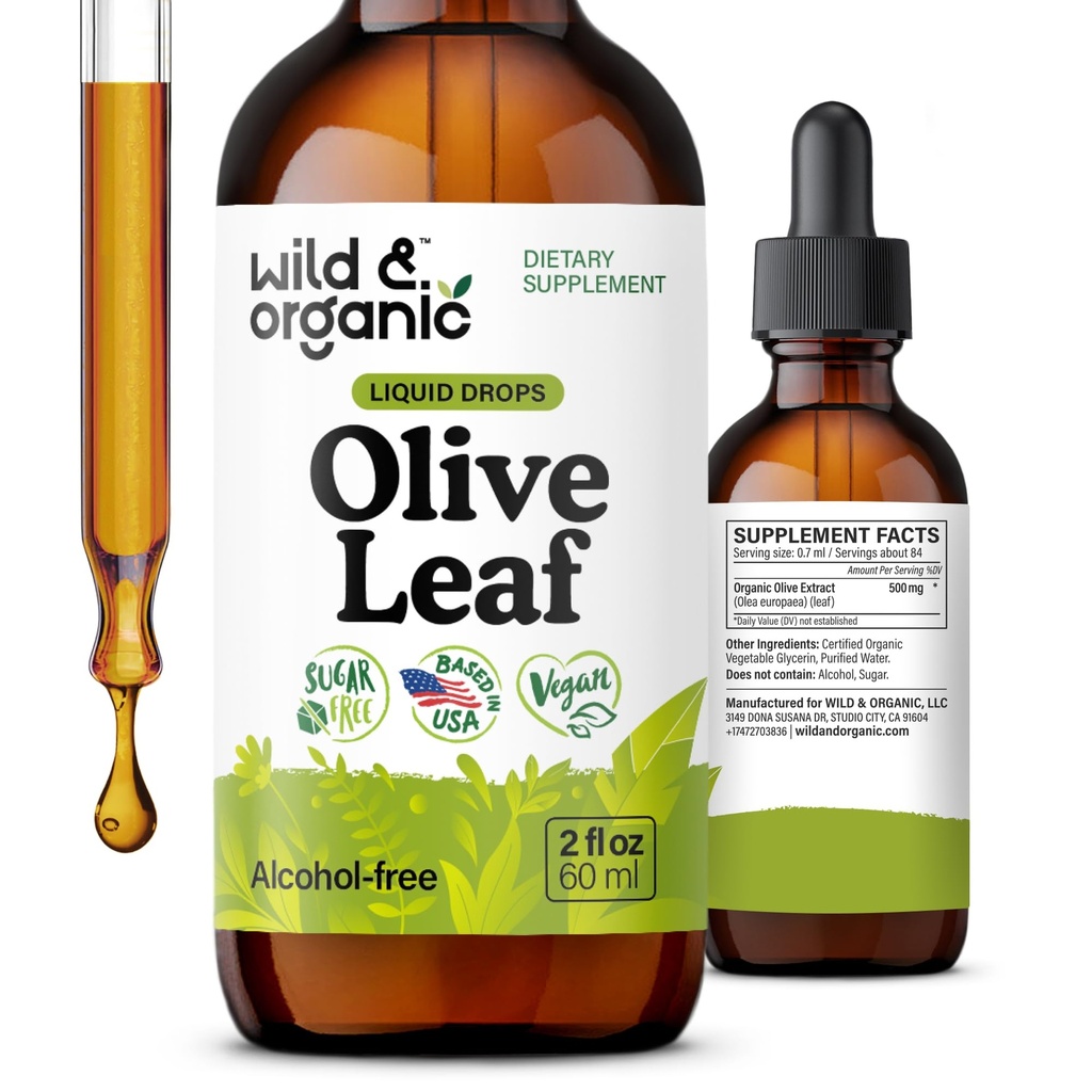 Wild & Organic Olive Leaf Ekstrakt flytende dråper - Antioksidant og immun støtte - Oleuropein Olive Leaf Supplement - Vegansk, Sukker & alkoholfri dråper - 2 fl oz