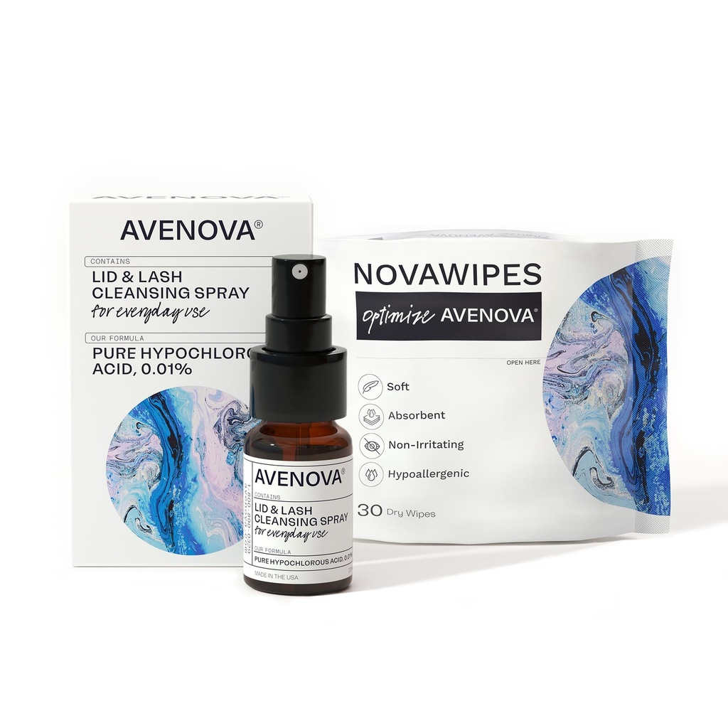 Avenova Eyelid og Eyelash Cleanser Spray med 30 tørre tørker - Gentle hver dag Hypoklorus Acid Lid og Lash Cleansing Spray for renere og sunnere øyne, 20 ml