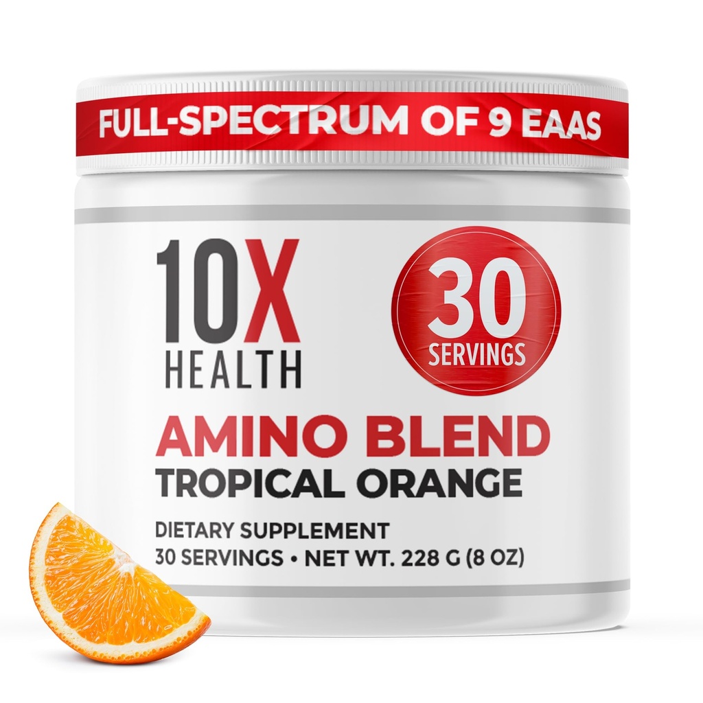 10X Helse Aminosyrer - 30 Serveringer av EAA & BCAA pulver, Pre Workout BCAA med essensielle Aminosyrer Supplement - BCAA & EAAs for lang levetid, muskel støtte, styrke, energi - Tropisk oransje