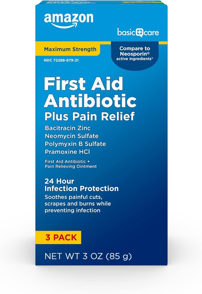 Basic Care Maks styrke Førstehjelp Triple Antibiotic Ointment, Smerte lindring for mindre kutt, Scrapes og Burns, 3 ounce (pakke med 1)