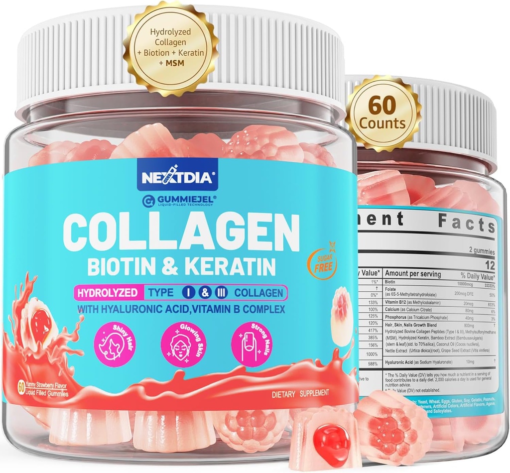 Multikollagen fylte gummer for kvinner sukkerfri Biotin 10000mcg, multivitamin hår hud og negler vitaminer for hårvekst, med Hydrolysert kollagen peptid keratin hyaluronsyre MSM vitamin B